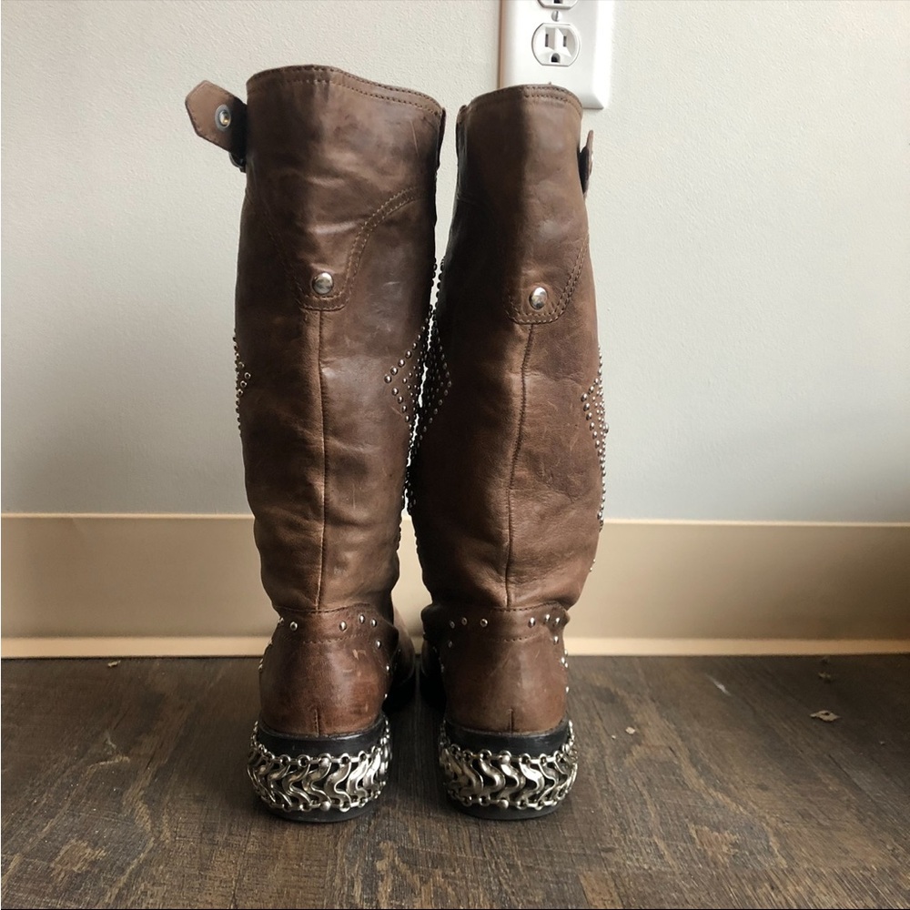 Donald J Pliner Studded Leather Western Boots – Size 6.5, Brown Chain Heel